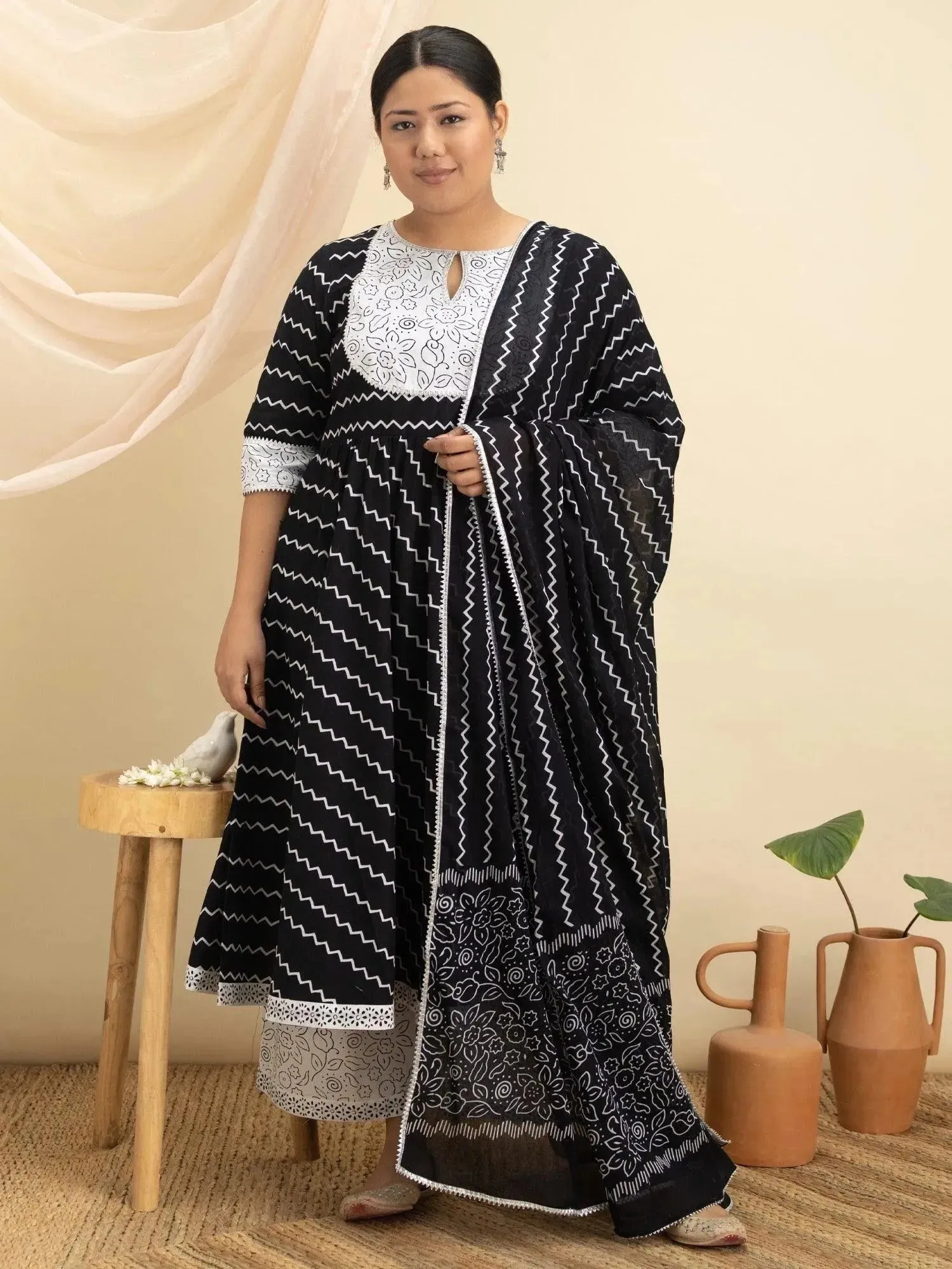 Plus Size Black Printed Cotton Anarkali Kurta With Palazzos & Dupatta